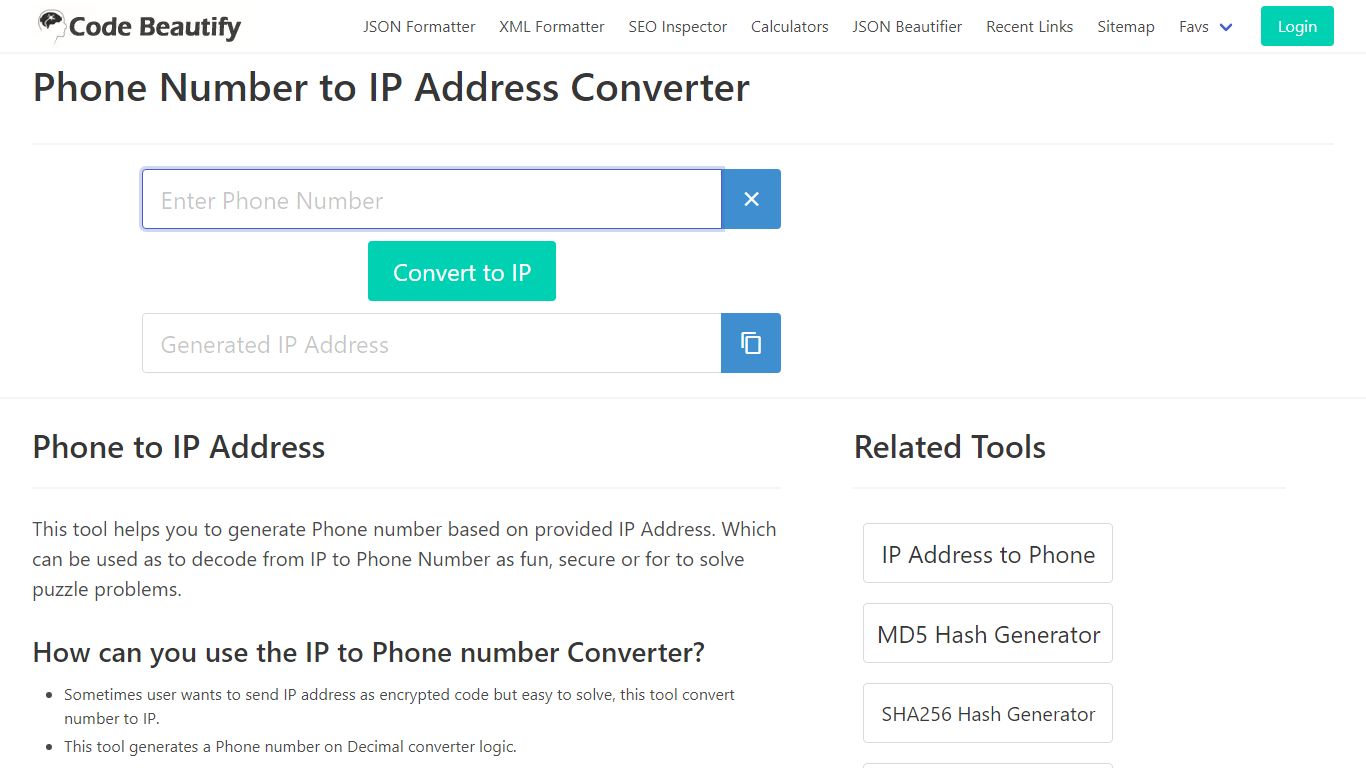 Phone Number to IP Address Converter Online - Code Beautify